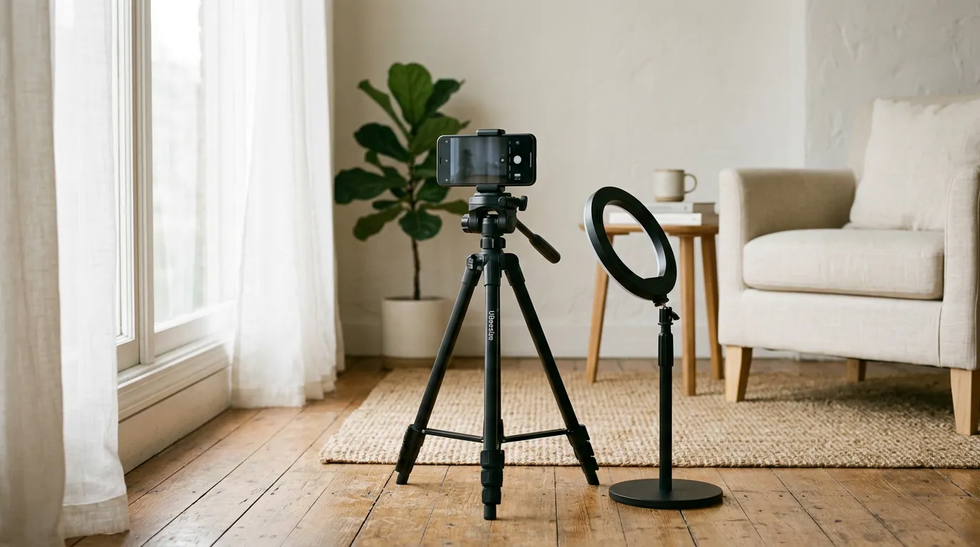 Smartphone on a tripod next to a ring light, in a bright living room