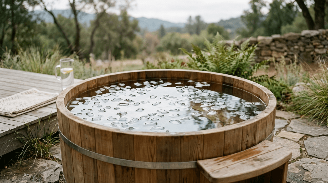 Bain froid en tonneau de bois rempli de glaçons, en extérieur
