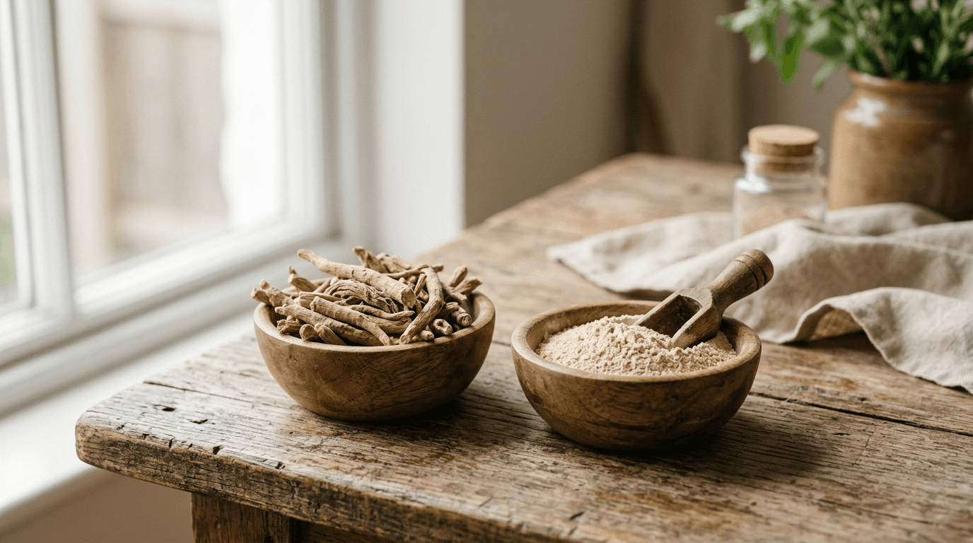 Racines et poudre d'ashwagandha dans deux bols en bois
