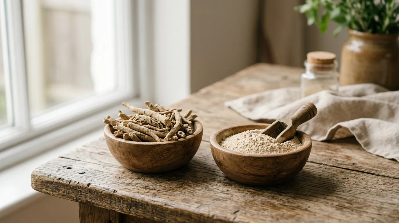 Ashwagandha roots and powder in two wooden bowls