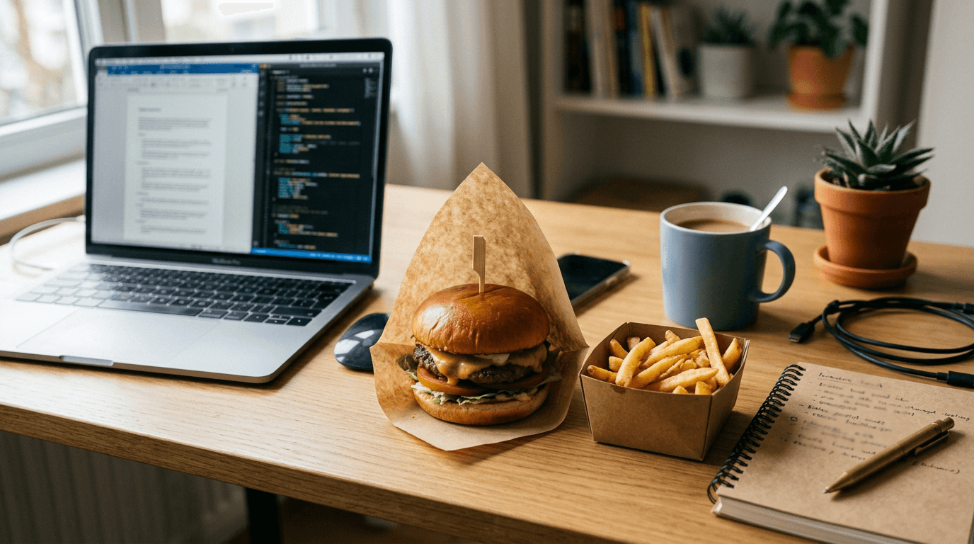 Burger et frites sur un bureau à côté d'un ordinateur portable ouvert
