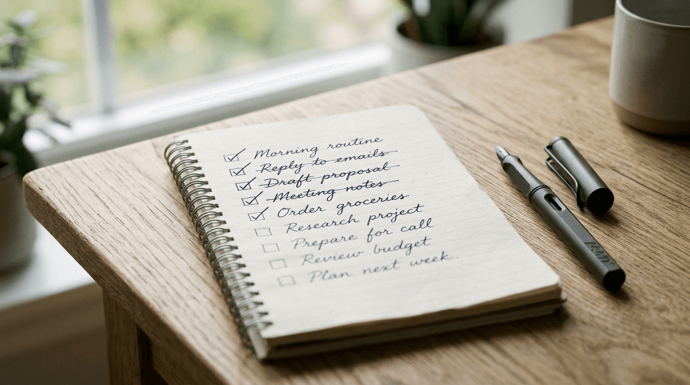 Liste de tâches manuscrite sur un carnet à spirale, stylo à côté