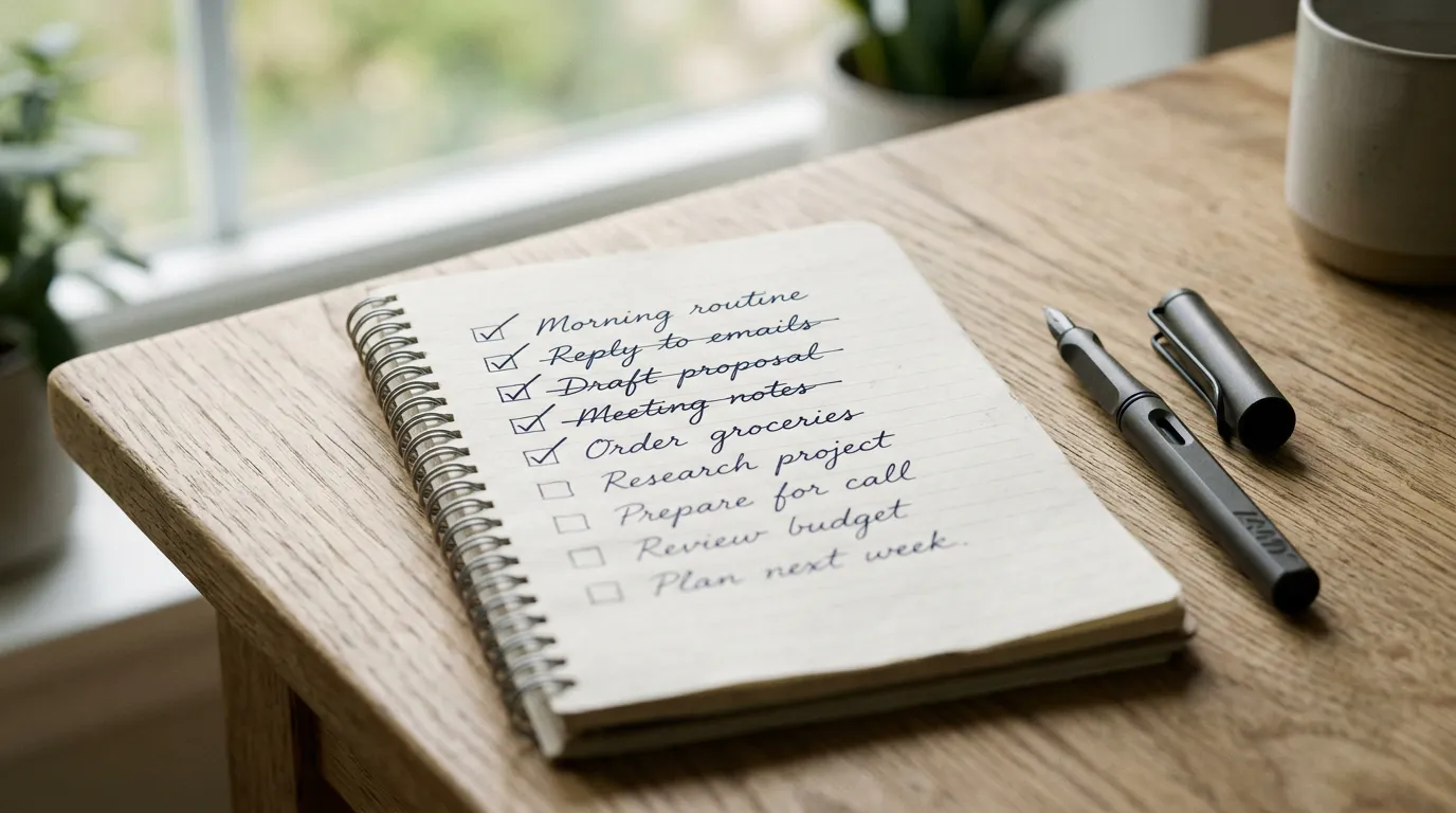 Handwritten to-do list in a spiral notebook, pen beside it