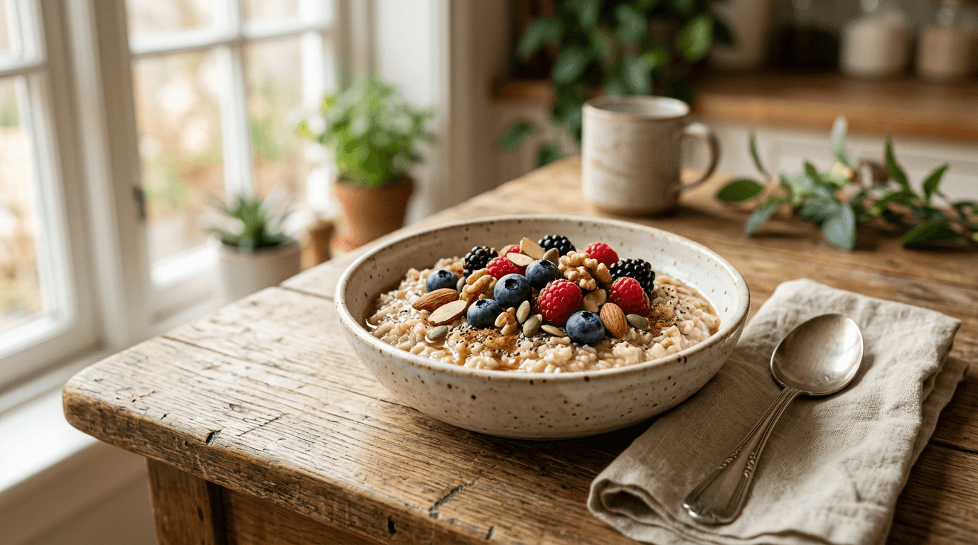 Bol de porridge garni de baies, noix et graines