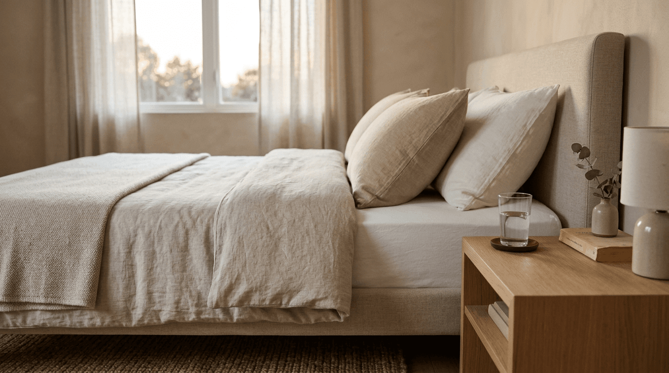 Chambre épurée avec lit fait et verre d'eau sur la table de nuit
