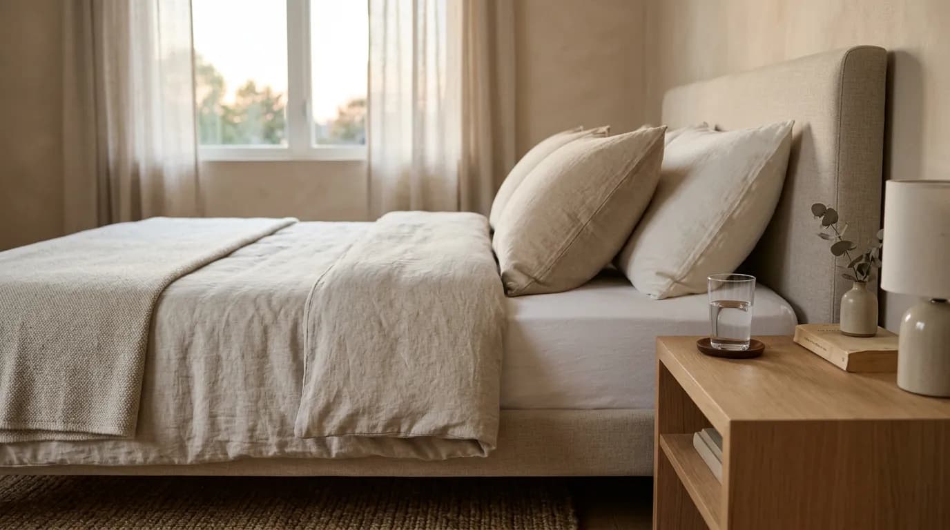 Minimal bedroom with a made bed and a glass of water on the nightstand