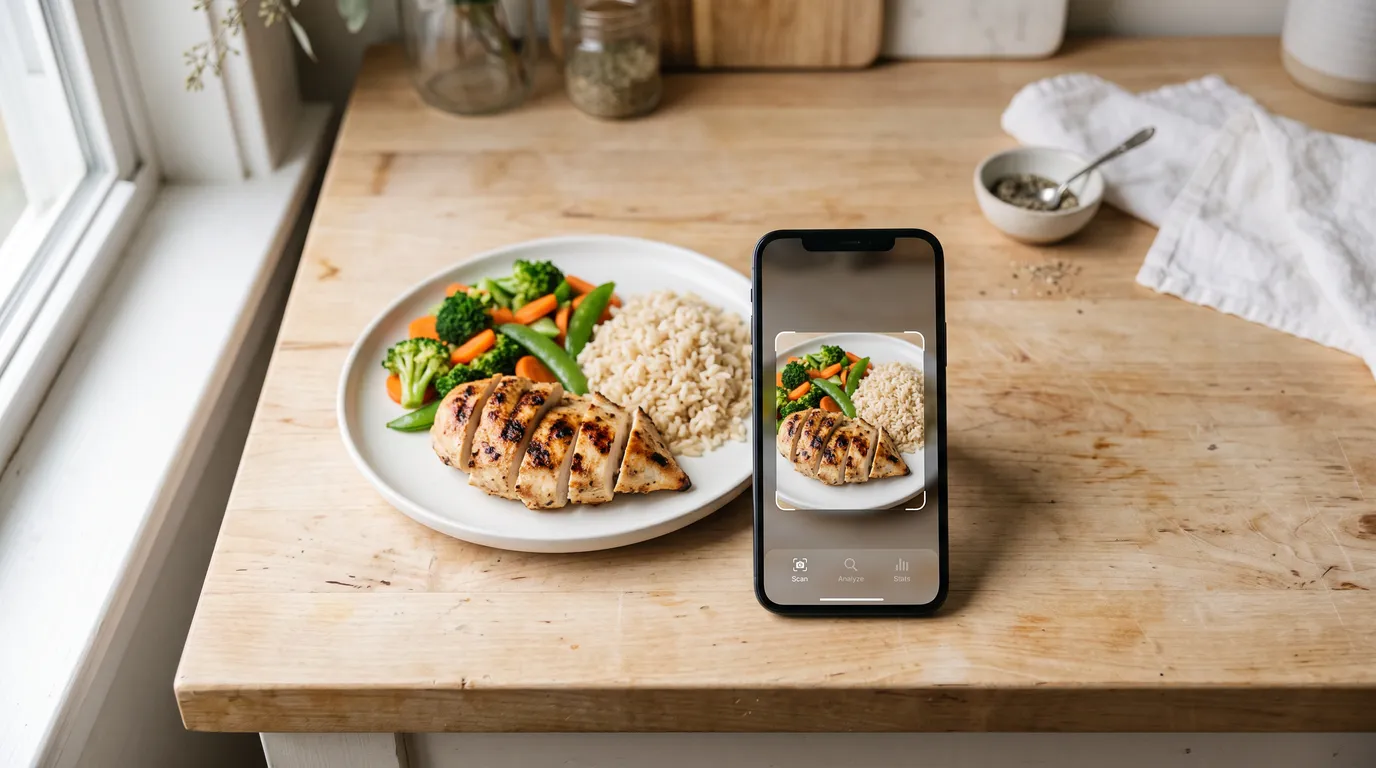 Smartphone showing a meal photo scan screen, next to a balanced plate on a wooden counter