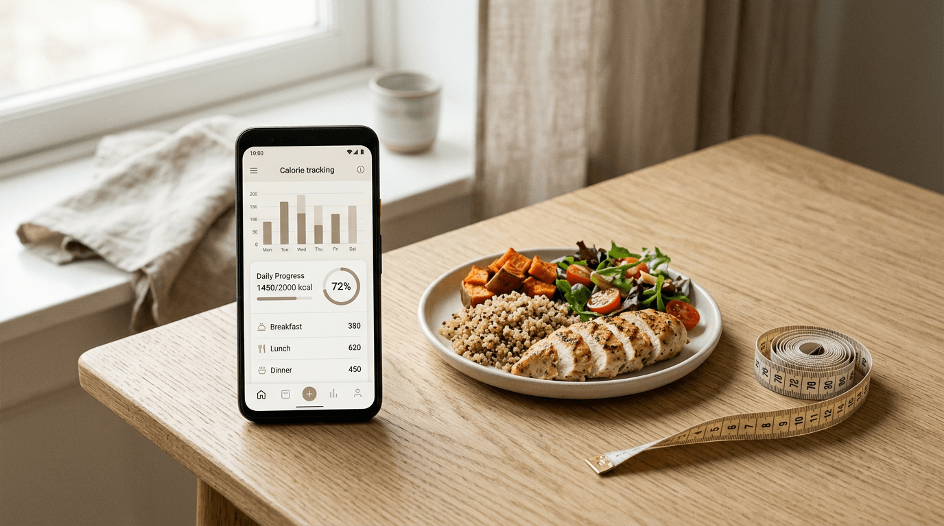 Smartphone affichant une app de calories à côté d'une assiette équilibrée et d'un mètre ruban