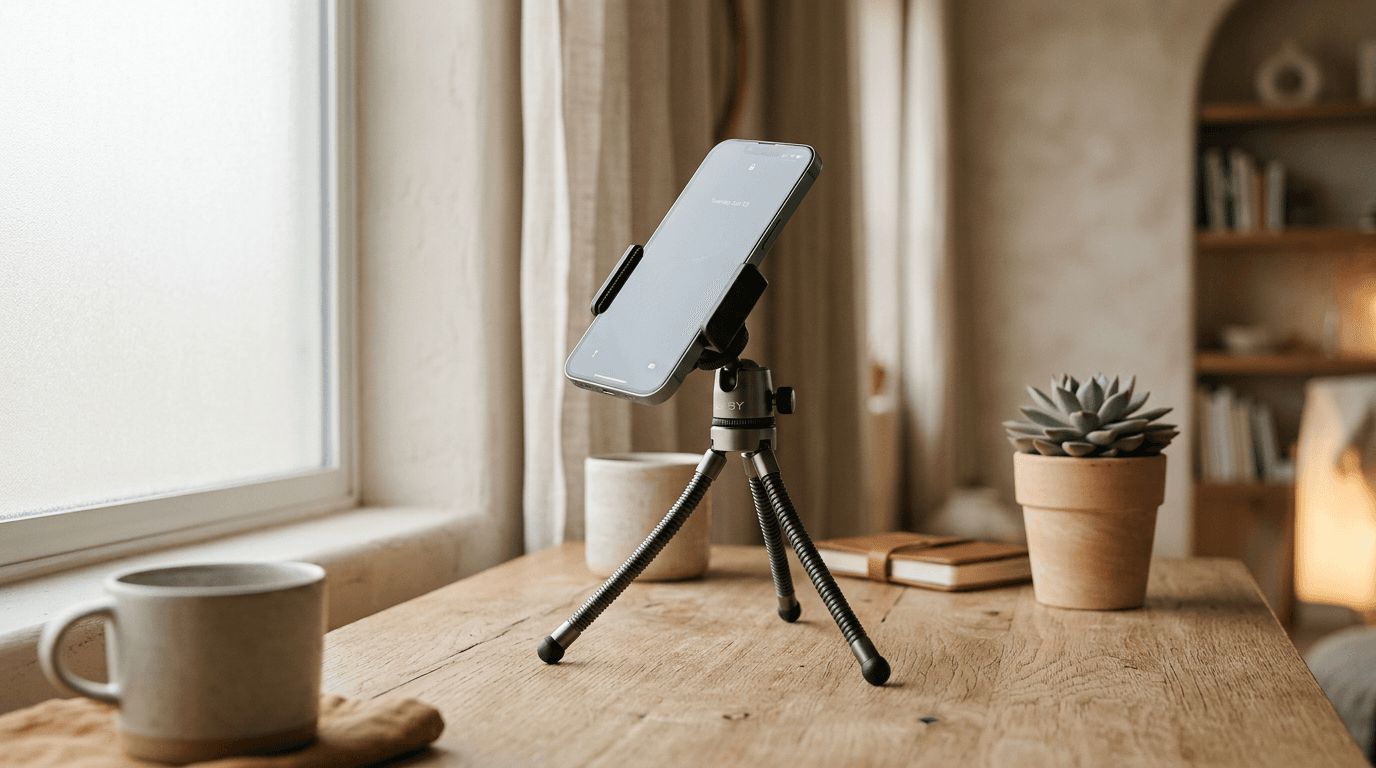 Smartphone monté sur trépied flexible dans un salon lumineux