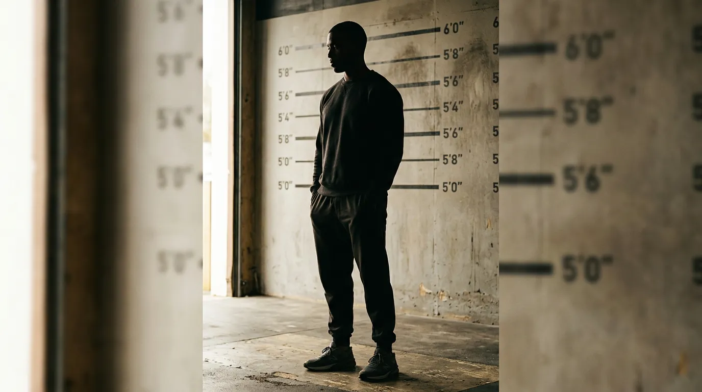 Person standing against a wall height chart marked in centimeters
