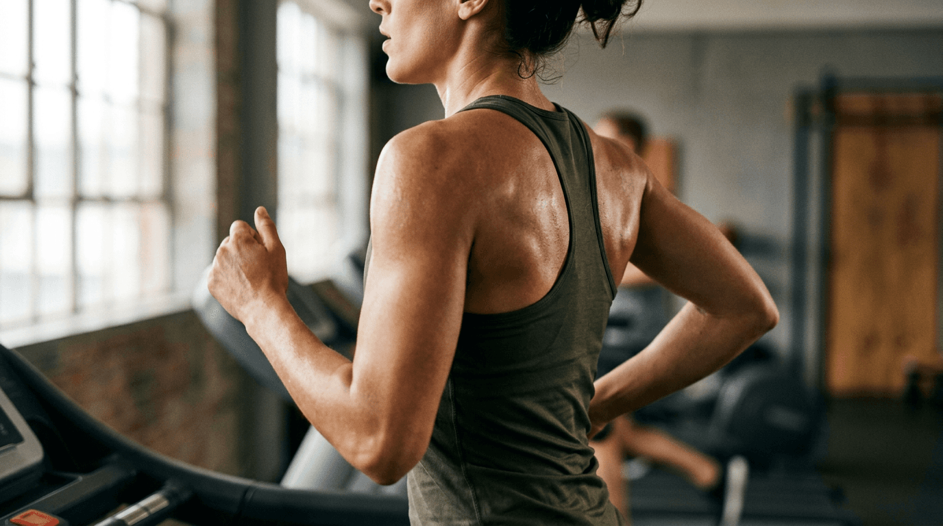 Dos et bras d'une coureuse en salle de sport, sur un tapis de course