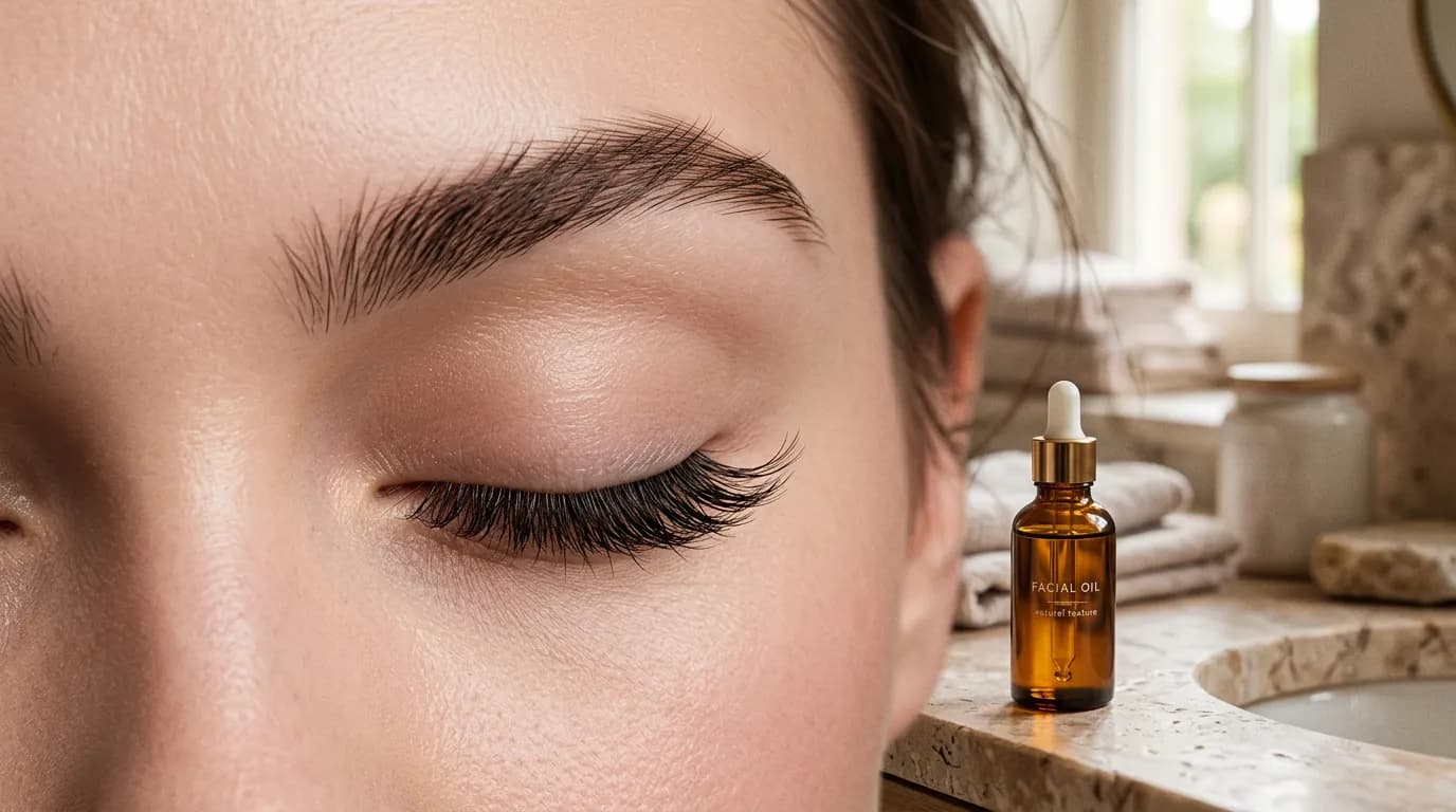 Close-up of a closed eye and a bottle of facial oil