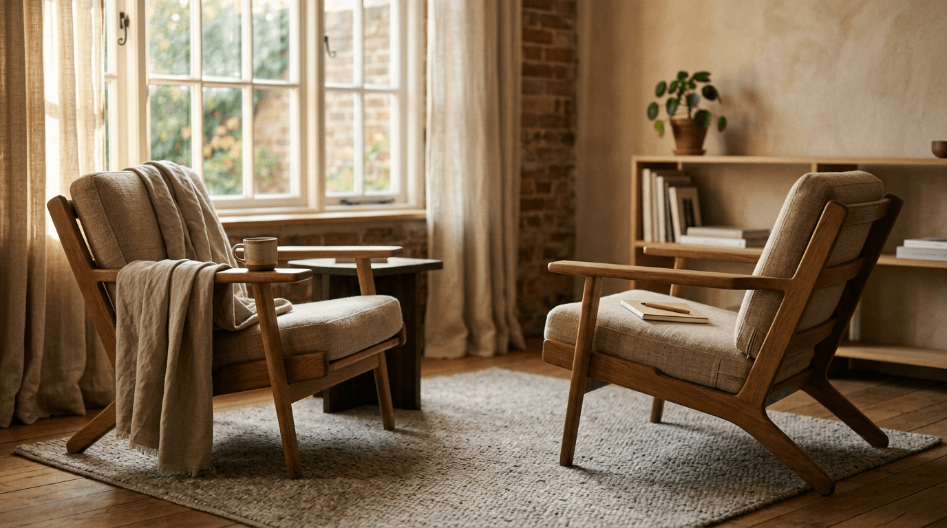Deux fauteuils en bois face à face dans un salon chaleureux
