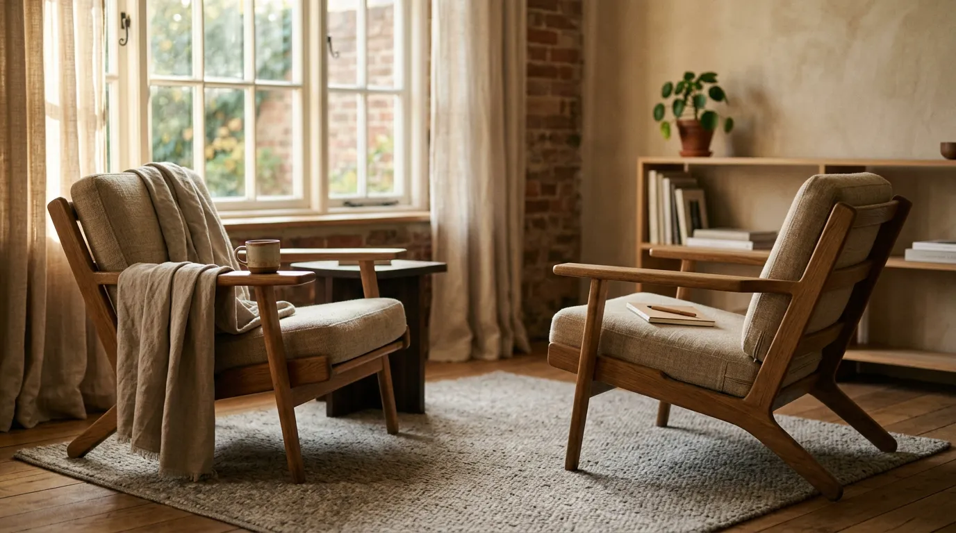 Two wooden armchairs facing each other in a warm living room