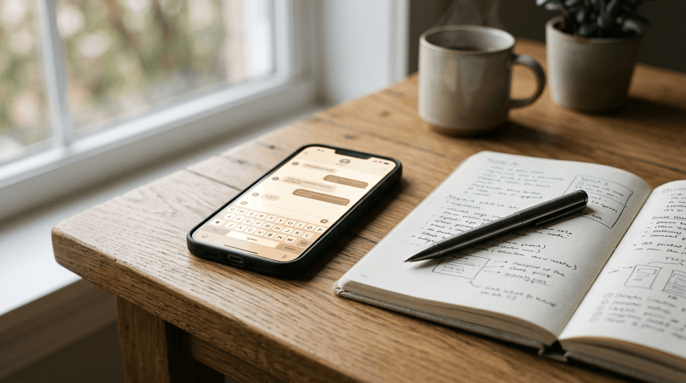 Smartphone affichant une conversation de chat à côté d'un carnet de notes