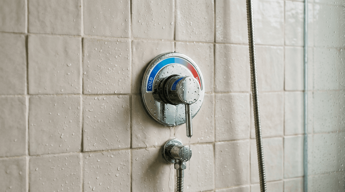 Robinet de douche avec indicateur froid/chaud, gouttes d'eau sur le carrelage