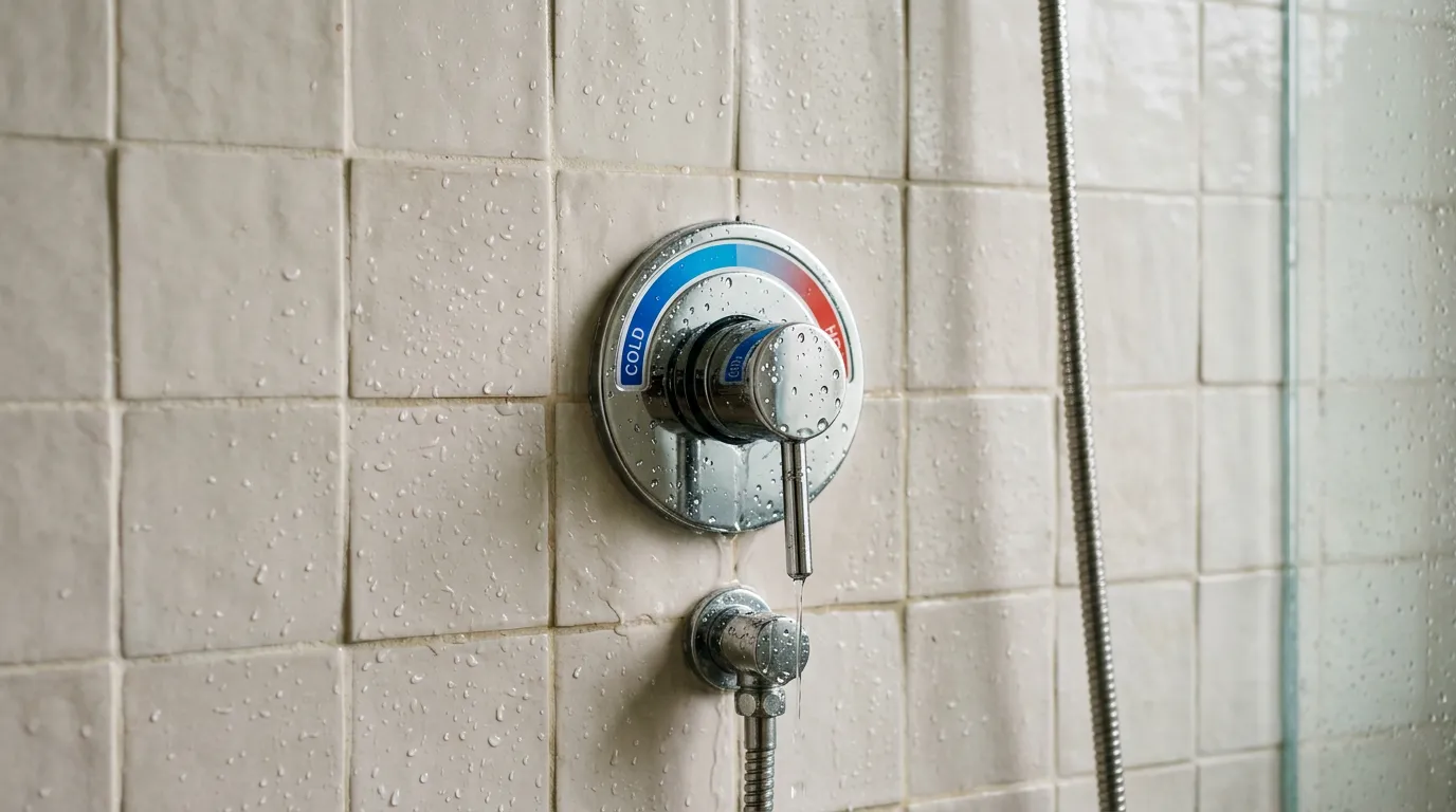 Shower tap with a cold and hot indicator, water drops on the tiles