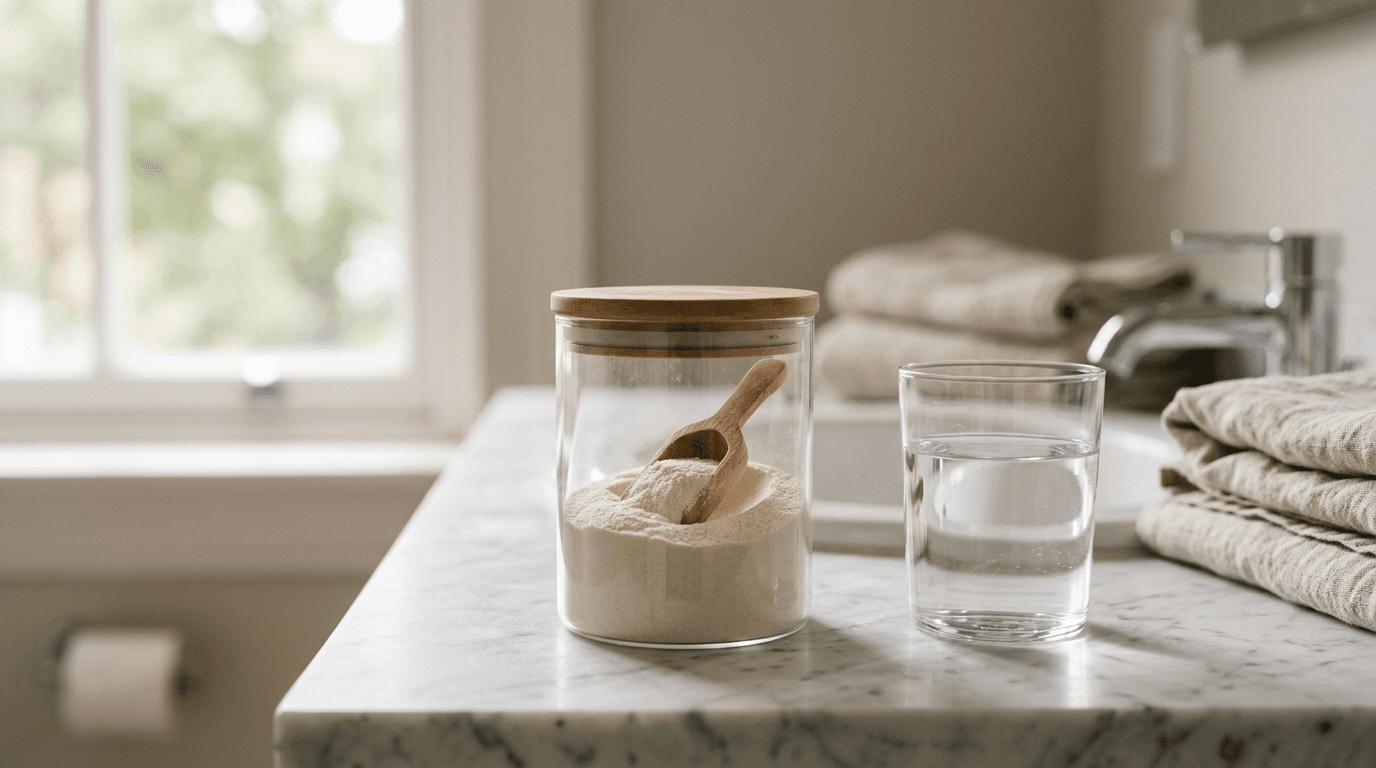 Bocal de poudre blanche avec cuillère doseuse, verre d'eau à côté