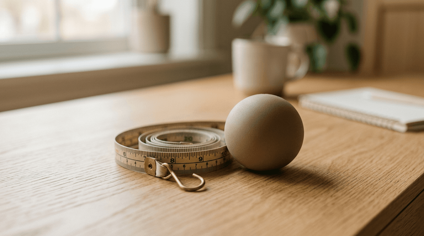 Ruban à mesurer enroulé à côté d'une balle beige sur un bureau