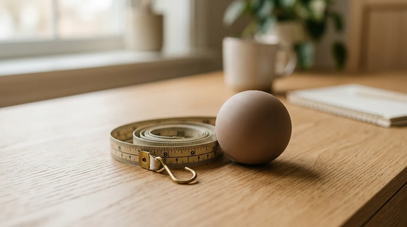 Coiled tape measure next to a beige ball on a desk