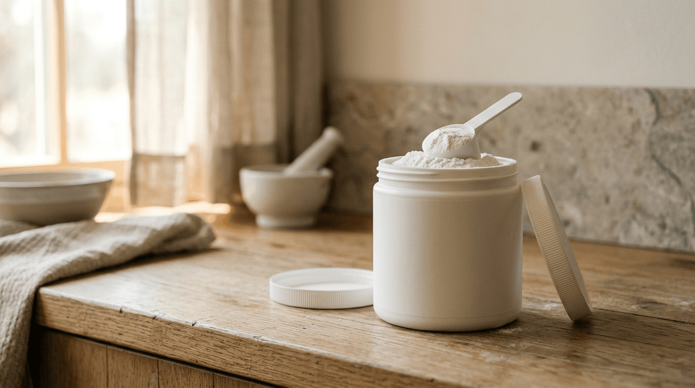 Pot de poudre blanche ouvert avec cuillère doseuse sur un plan de travail