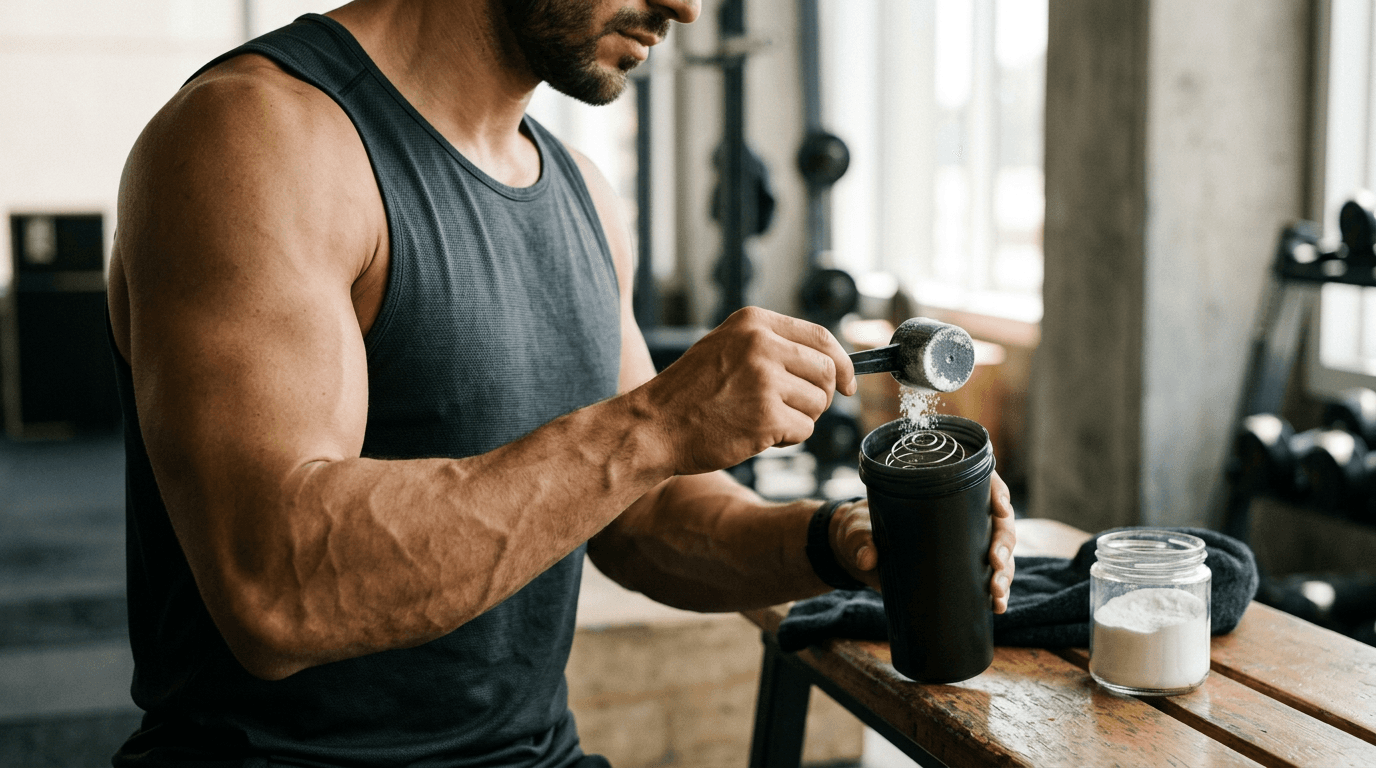 Bras musclé versant de la créatine en poudre dans un shaker de sport