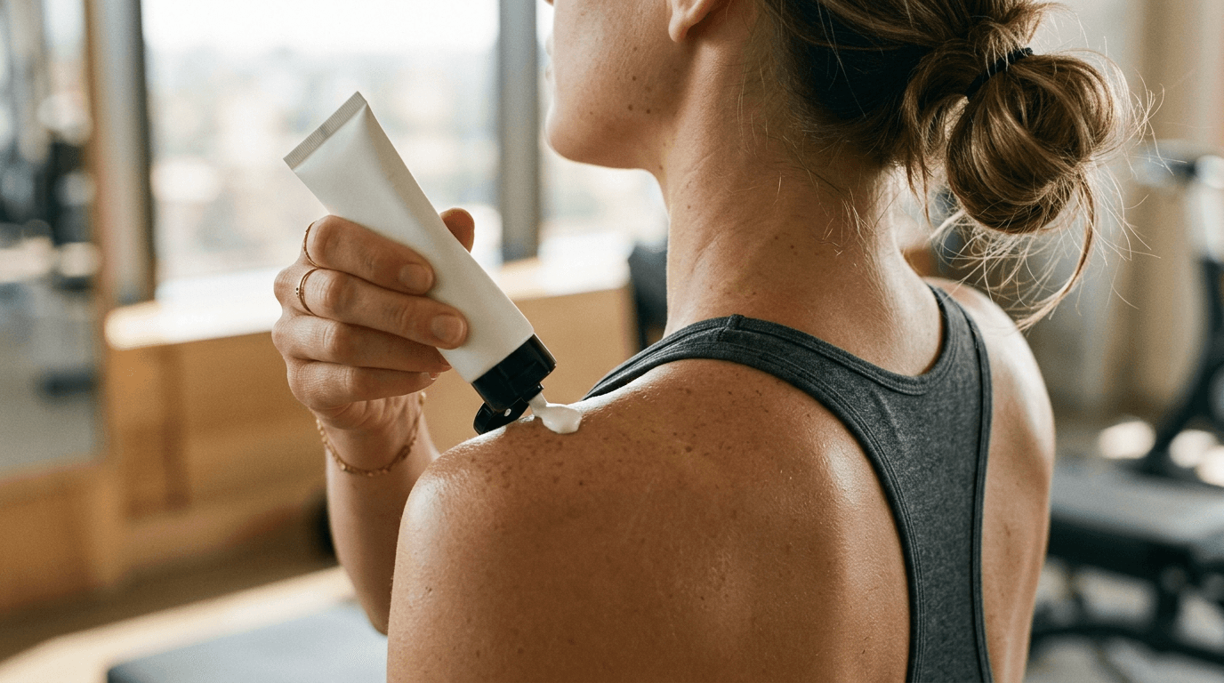 Main appliquant de la crème sur une épaule après une séance de sport