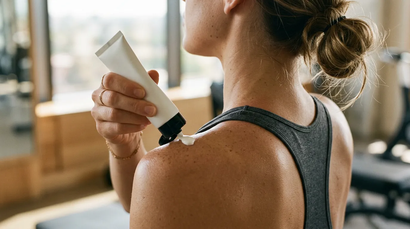 Hand applying cream to a shoulder after a workout