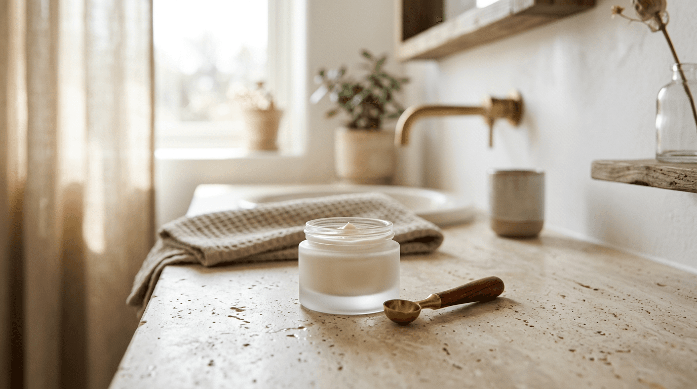 Pot de crème pour le visage posé sur un plan de travail en pierre