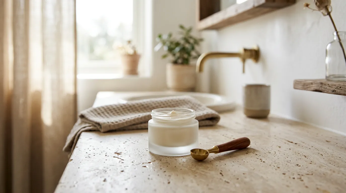 Jar of face cream sitting on a stone counter