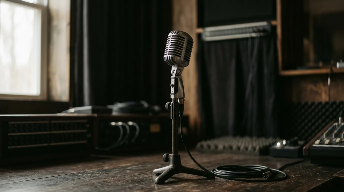 Vintage microphone on a stand in a recording studio