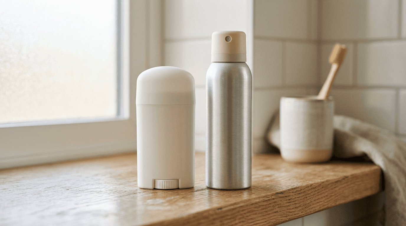 Stick de déodorant et spray posés côte à côte sur une étagère en bois