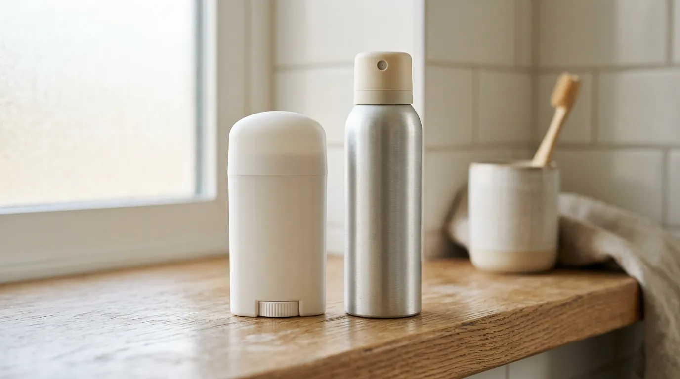 Deodorant stick and spray side by side on a wooden shelf