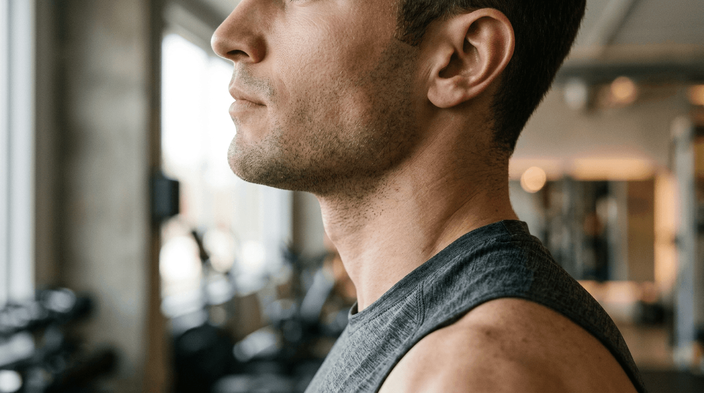 Profil d'une mâchoire et d'un cou vus de côté dans une salle de sport