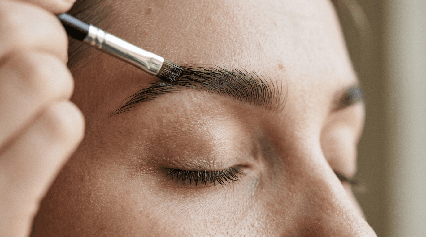 Pinceau appliqué sur un sourcil, œil fermé, gros plan