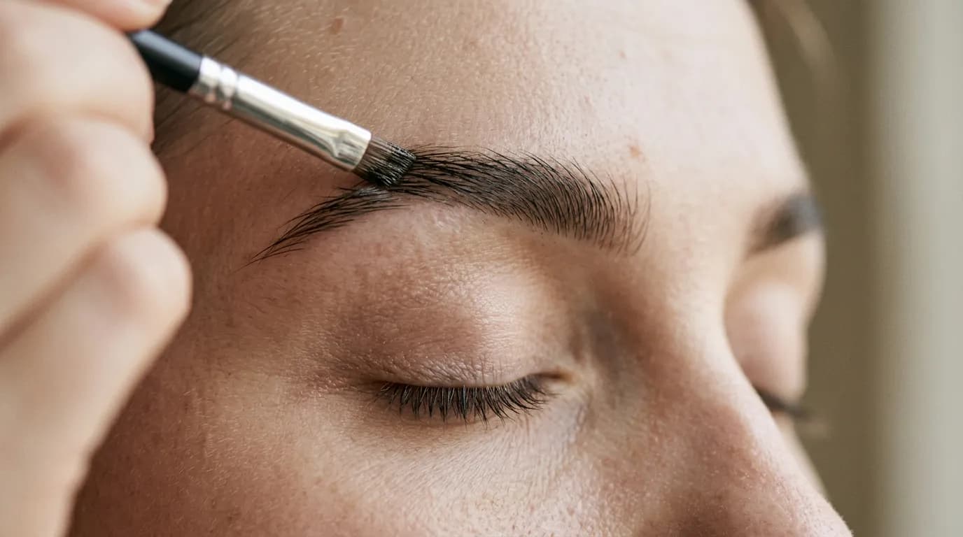 Brush applied to an eyebrow, eye closed, close-up