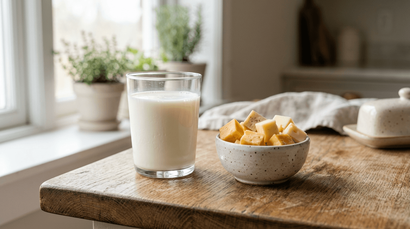 Verre de lait à côté d'un bol de dés de fromage