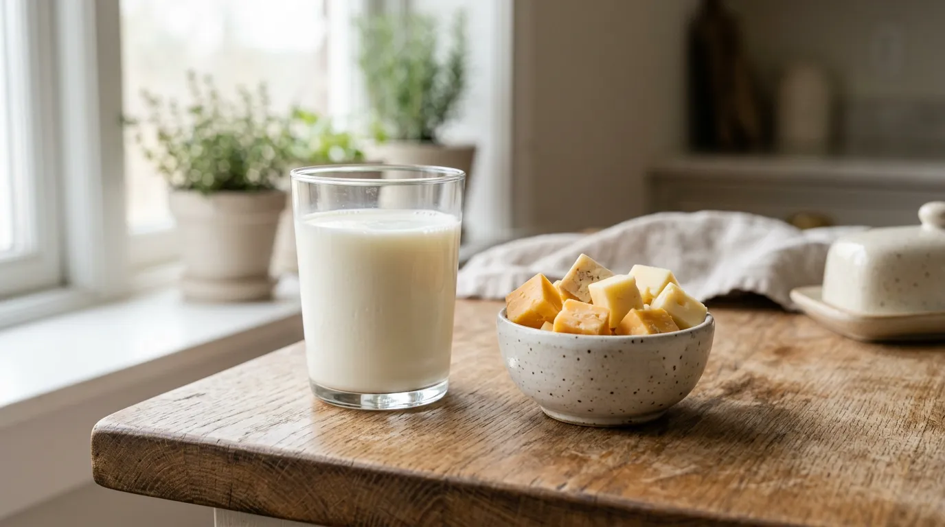 Glass of milk next to a bowl of diced cheese