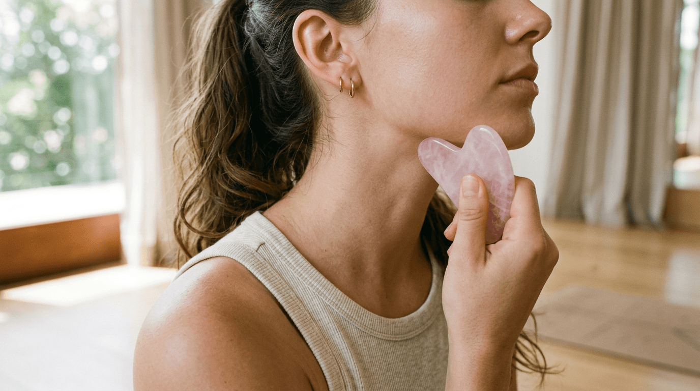 Outil de gua sha en pierre rose appliqué sur la mâchoire