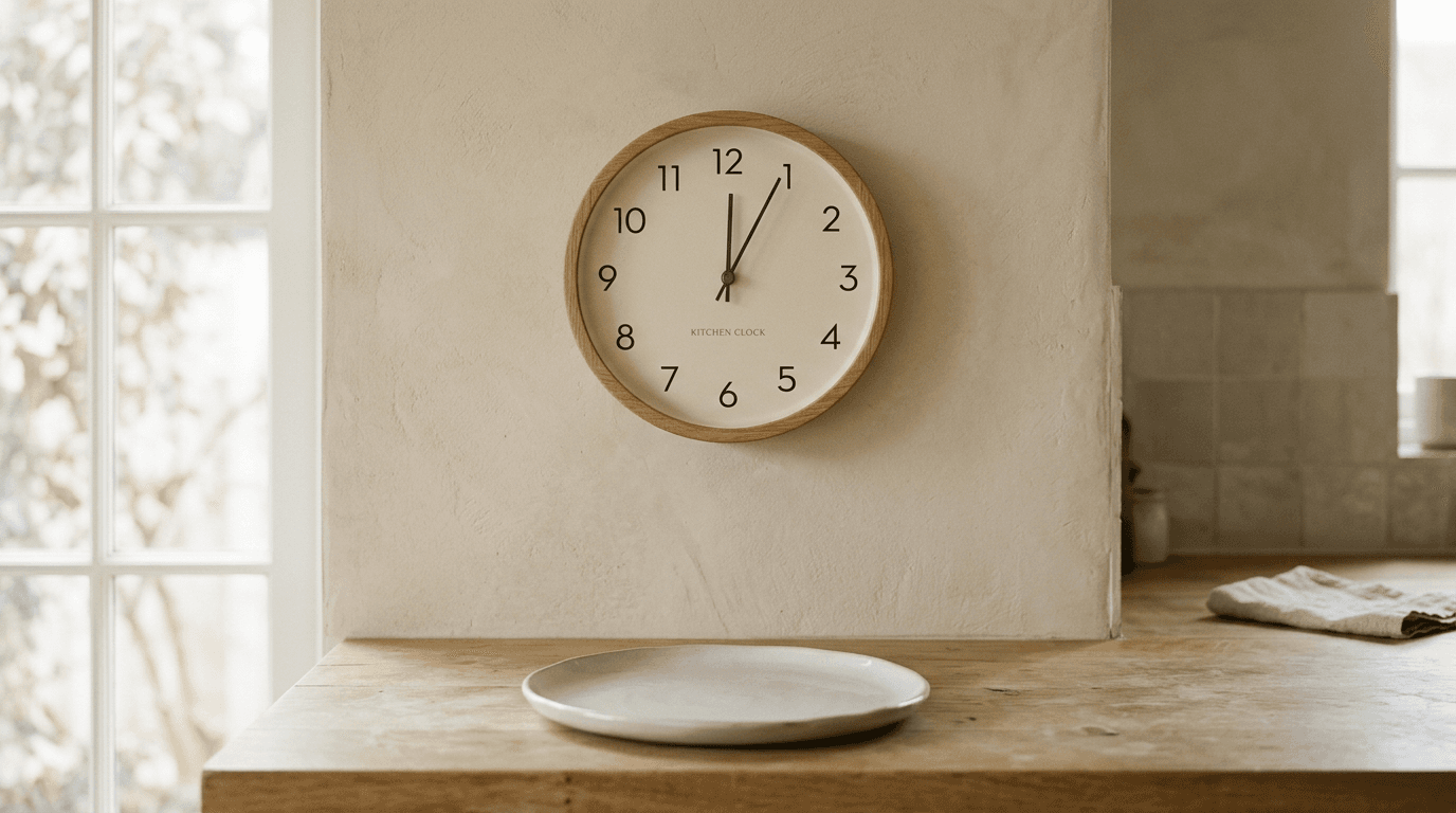 Horloge de cuisine en bois au-dessus d'une assiette vide