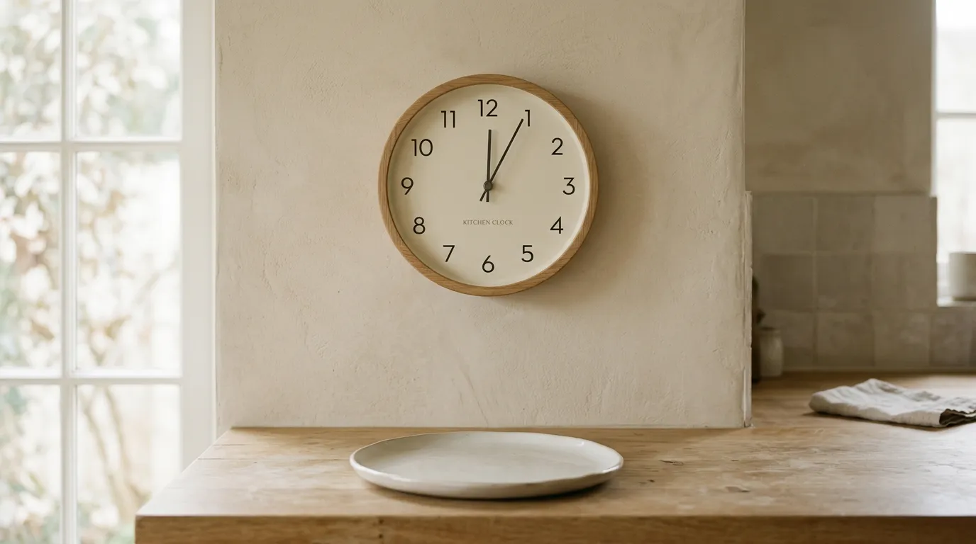 Wooden kitchen clock above an empty plate