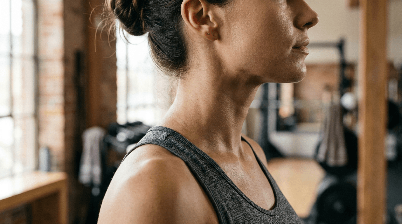 Profil d'un cou et d'une mâchoire dans une salle de sport