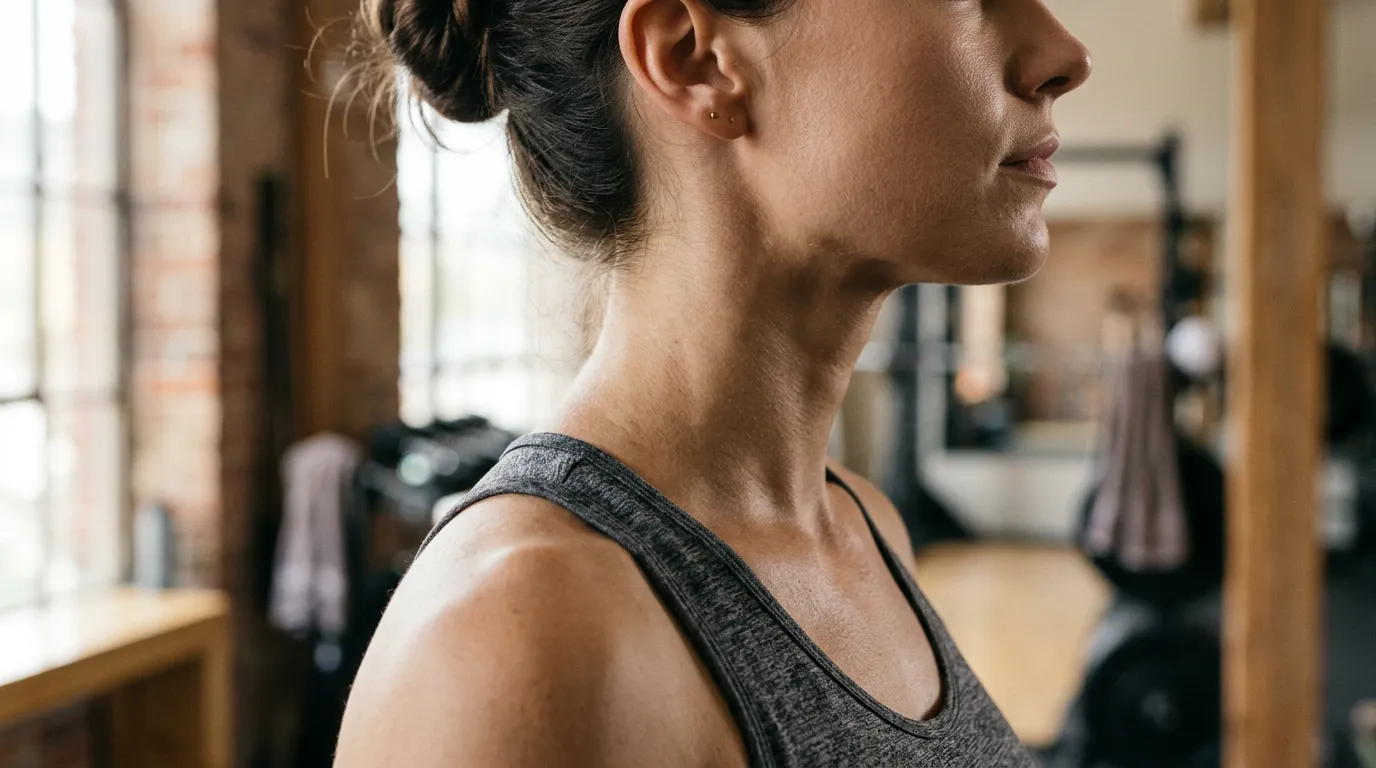 Side profile of a neck and jawline in a gym