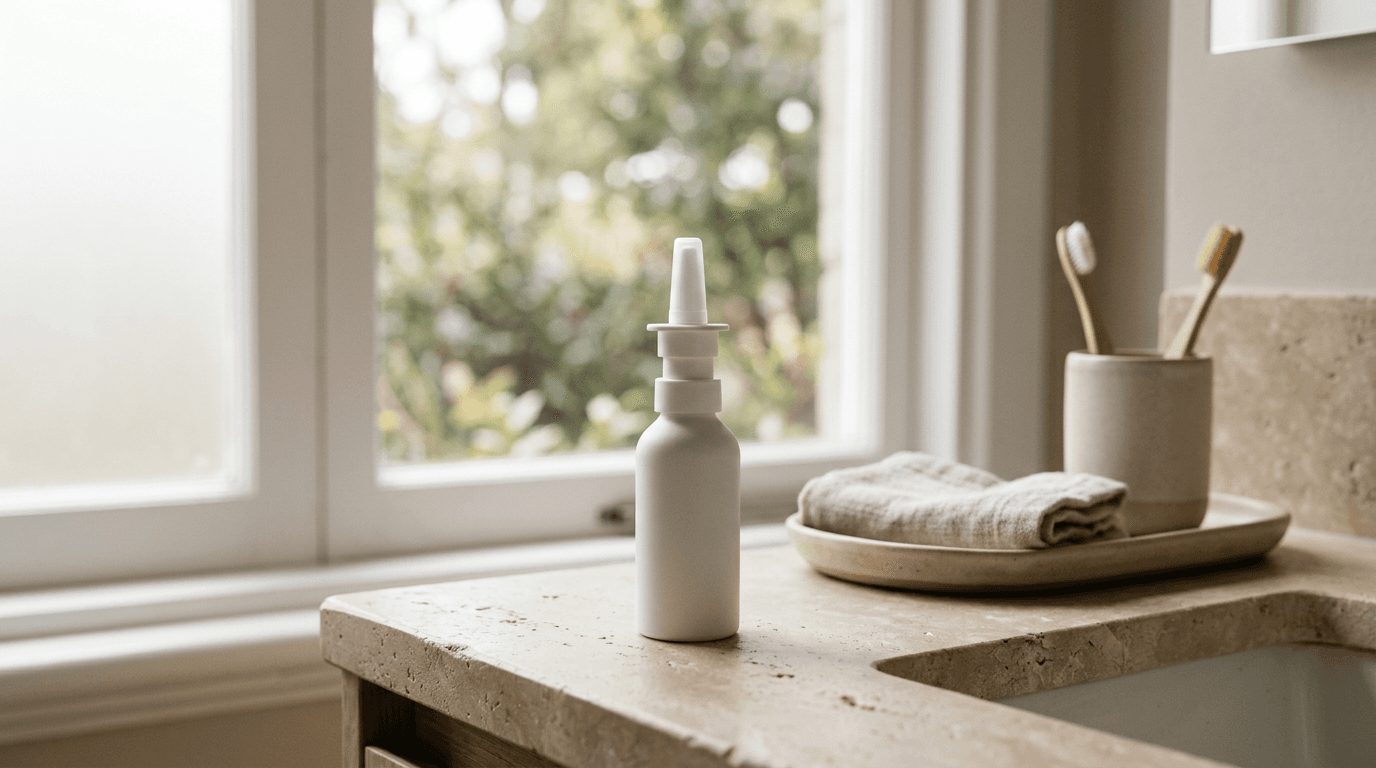 Flacon de spray nasal blanc posé sur un plan de travail en pierre