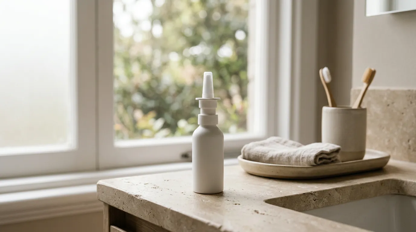White nasal spray bottle on a stone counter