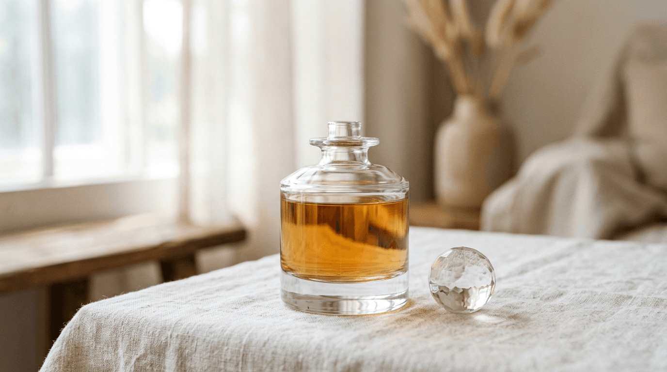 Flacon de parfum ambré avec bouchon en verre sur une table en lin