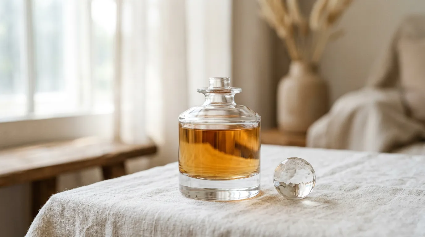 Amber perfume bottle with a glass stopper on a linen-covered table