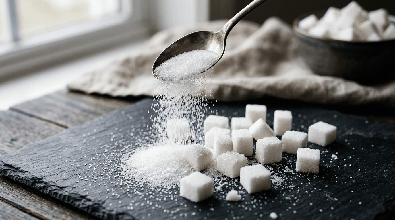 Carrés de sucre et pâtisseries sur une table, à côté d'une peau saine