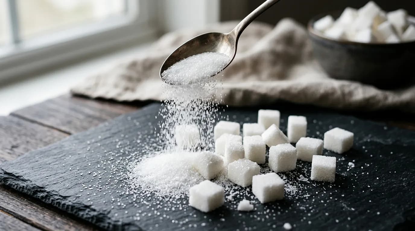 Sugar cubes and pastries on a table, next to healthy skin