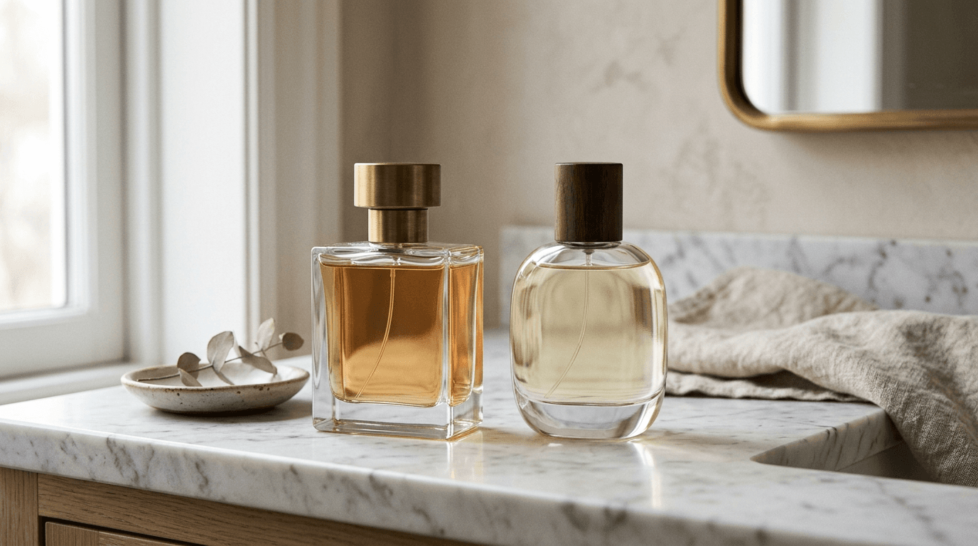 Deux flacons de parfum côte à côte sur un plan de travail en marbre